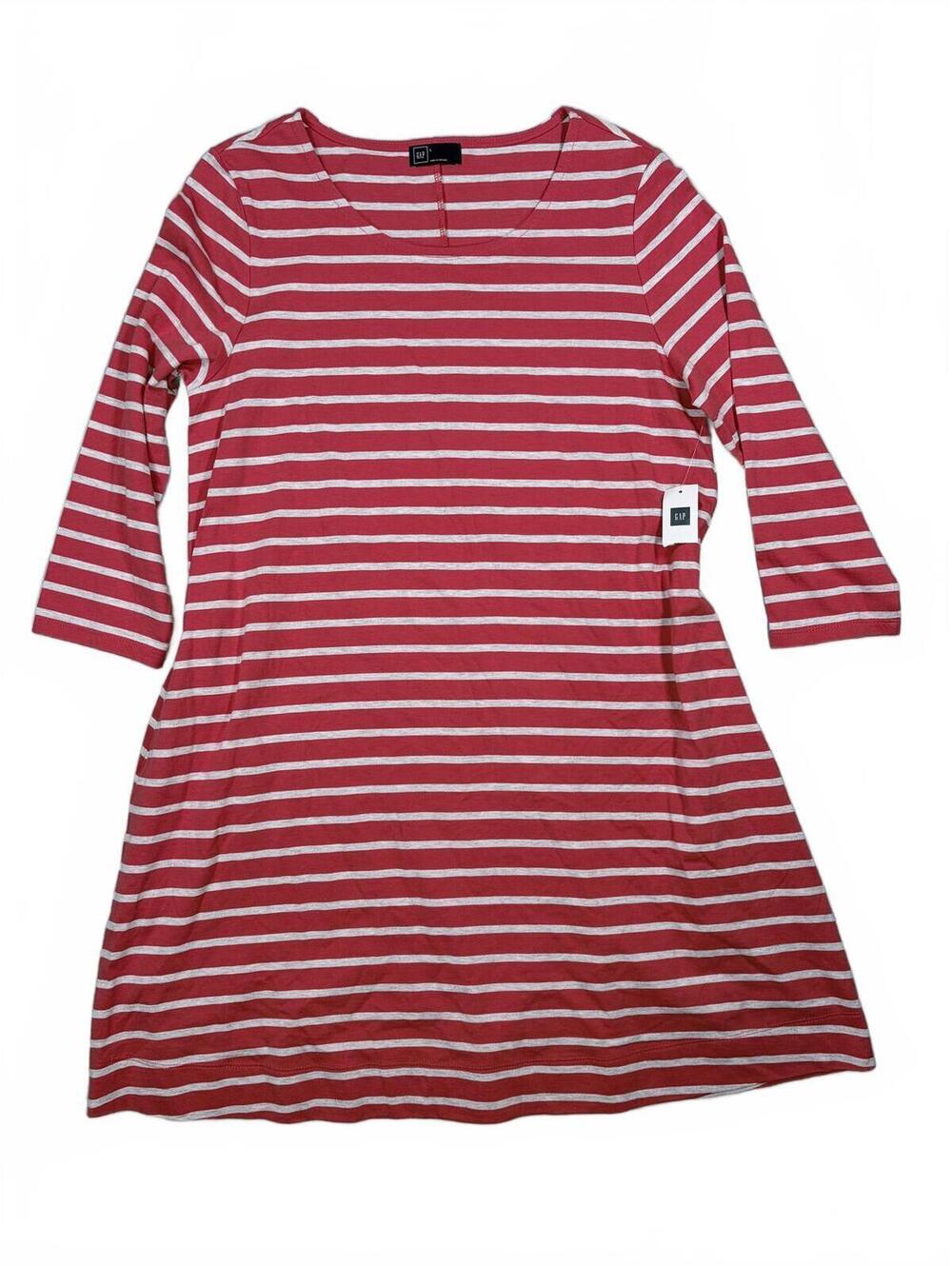 Gap NWT Striped Jersey T-Shirt Dress Casual Red White Heather 3/4 Sleeve Size L